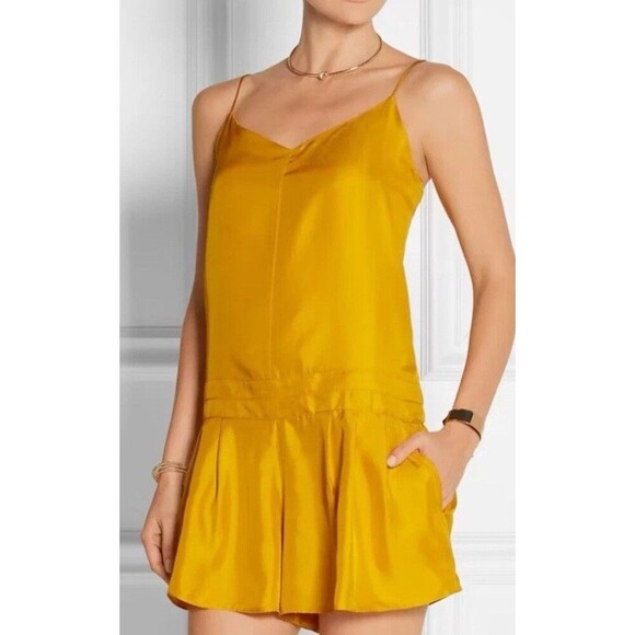 Rag & Bone Old Gold 100 % Silk Dune Romper sz 2 Spaghetti Straps Satin Pockets - Picture 12 of 12